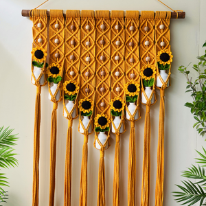 Mac-crochet Collection | Big Handmade Sunflower Macrame Wall Hanging with hand knitted crochet flowers and ceramic white bottle vases