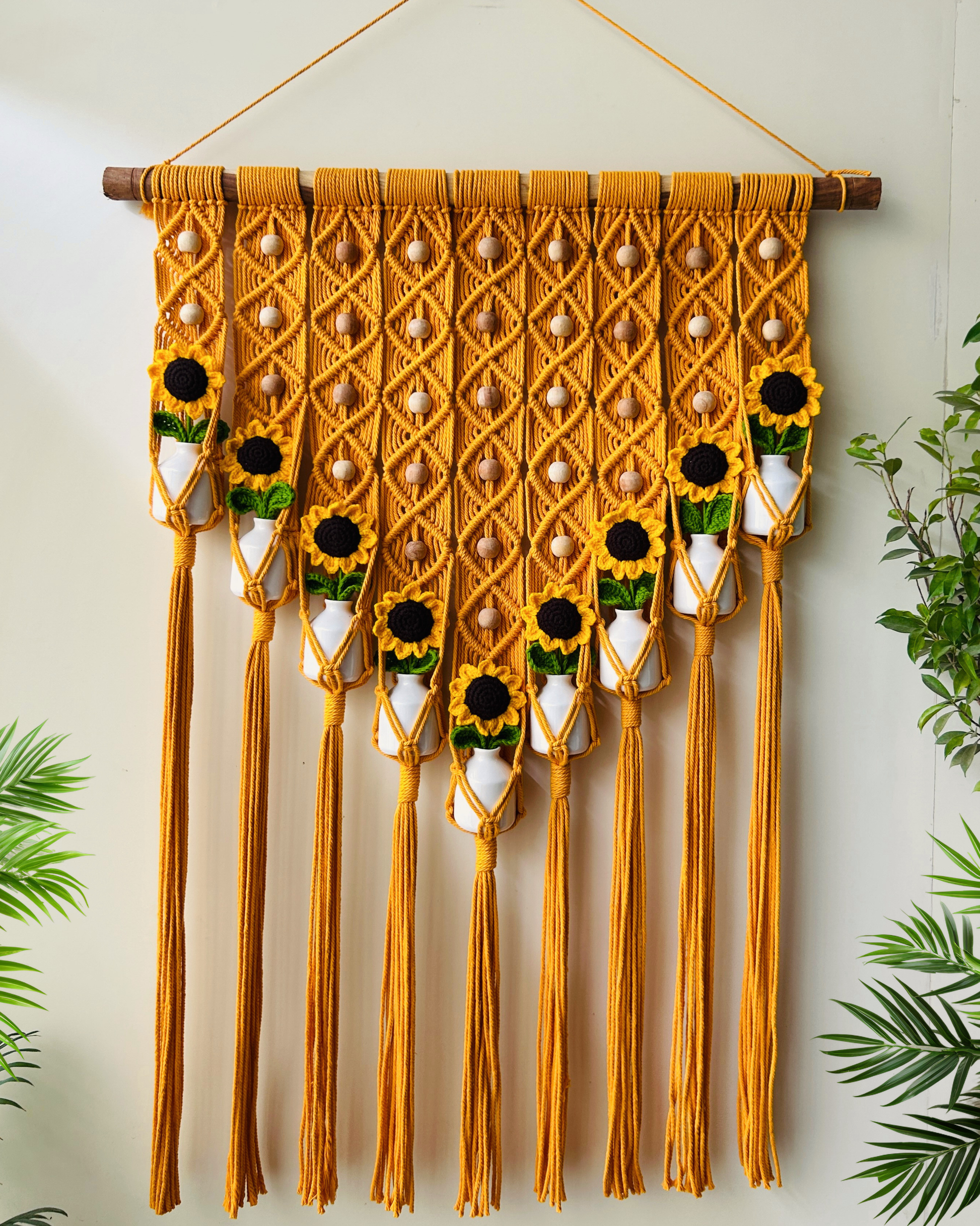 Mac-crochet Collection | Big Handmade Sunflower Macrame Wall Hanging with hand knitted crochet flowers and ceramic white bottle vases