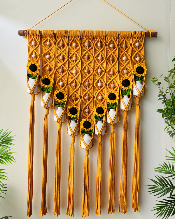 Mac-crochet Collection | Big Handmade Sunflower Macrame Wall Hanging with hand knitted crochet flowers and ceramic white bottle vases