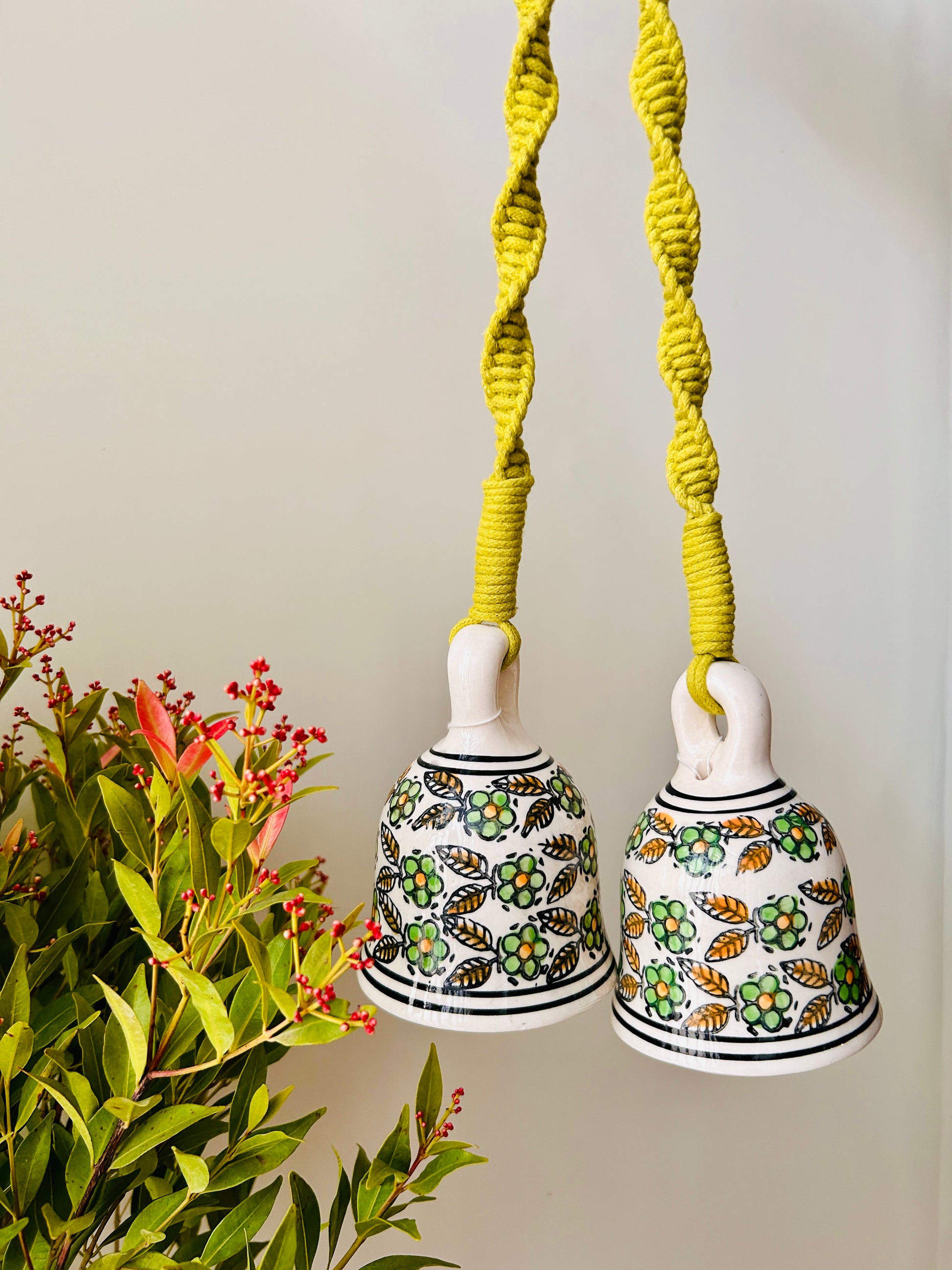 Evergreen | Ceramic Macrame Bells with Ceramic Hooks | Set of 2 (Free shipping)