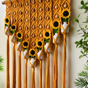 Mac-crochet Collection | Big Handmade Sunflower Macrame Wall Hanging with hand knitted crochet flowers and ceramic white bottle vases