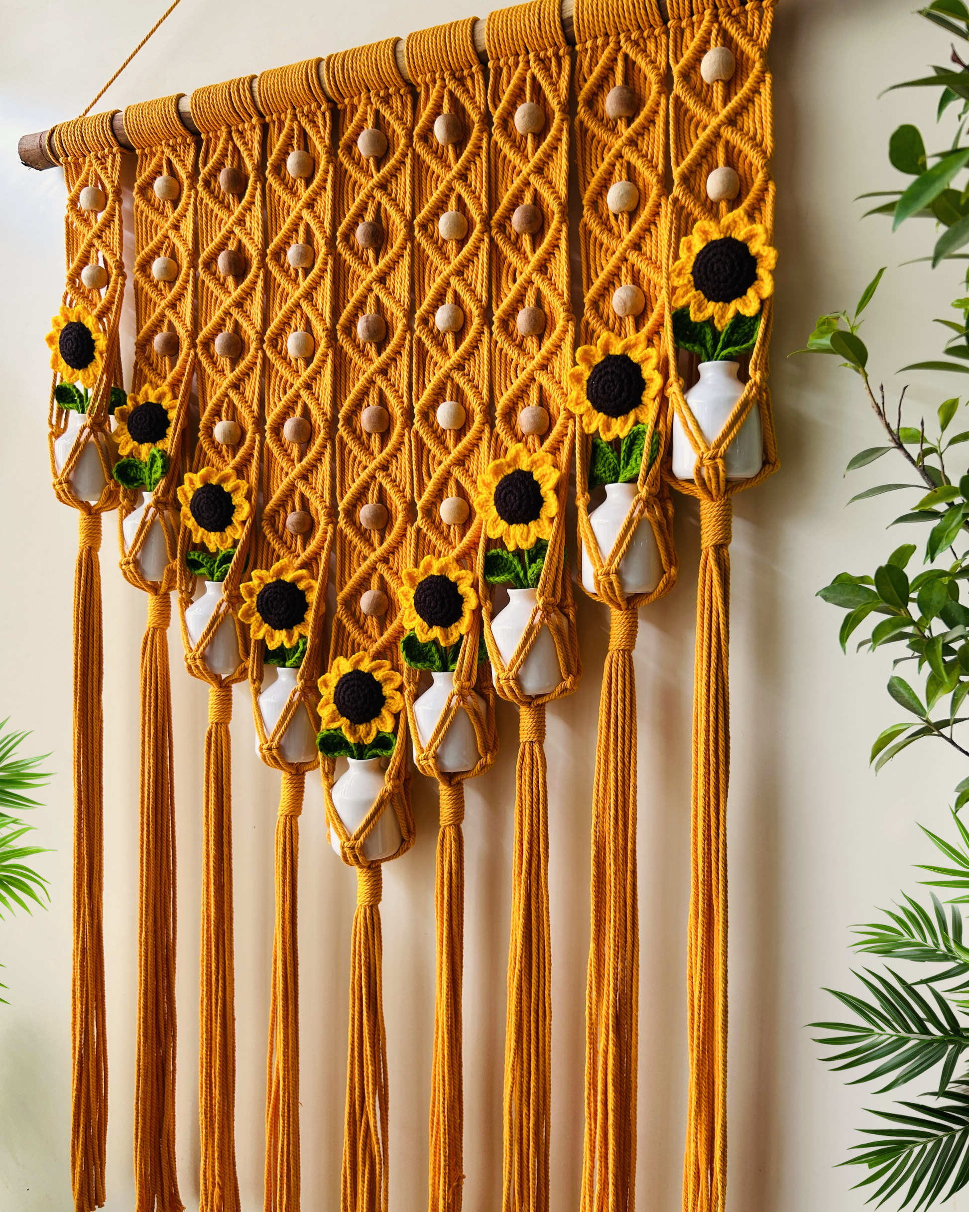 Mac-crochet Collection | Big Handmade Sunflower Macrame Wall Hanging with hand knitted crochet flowers and ceramic white bottle vases