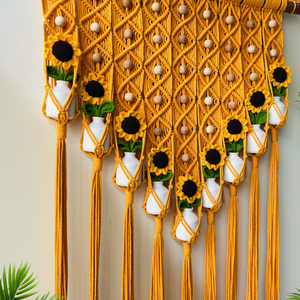 Mac-crochet Collection | Big Handmade Sunflower Macrame Wall Hanging with hand knitted crochet flowers and ceramic white bottle vases