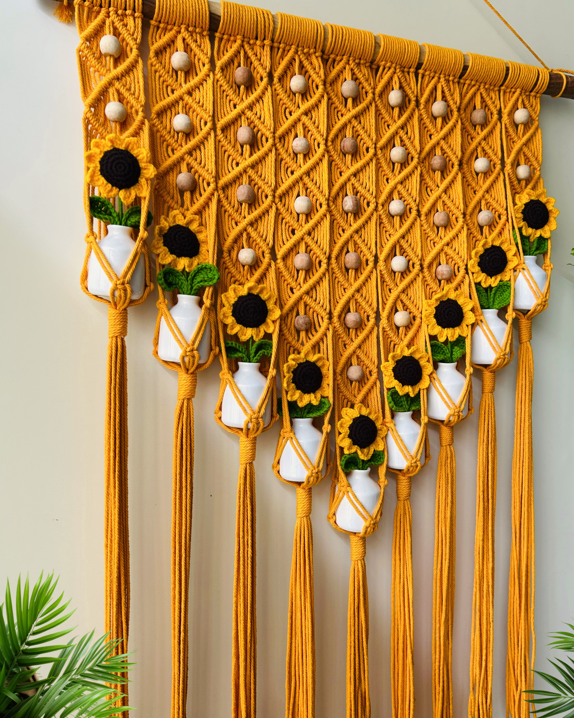 Mac-crochet Collection | Big Handmade Sunflower Macrame Wall Hanging with hand knitted crochet flowers and ceramic white bottle vases