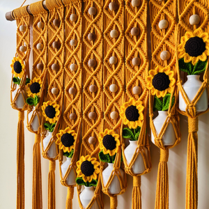 Mac-crochet Collection | Big Handmade Sunflower Macrame Wall Hanging with hand knitted crochet flowers and ceramic white bottle vases