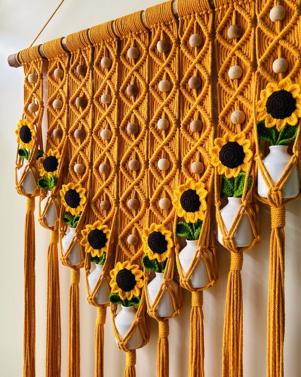 Mac-crochet Collection | Big Handmade Sunflower Macrame Wall Hanging with hand knitted crochet flowers and ceramic white bottle vases