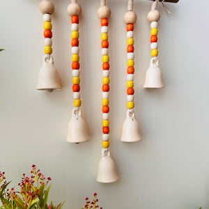 IVORY SUNFLOWER | Beads and Bells Wall hanging | 5 beaded bells on a wooden dowel with ceramic hook | Handmade Decor