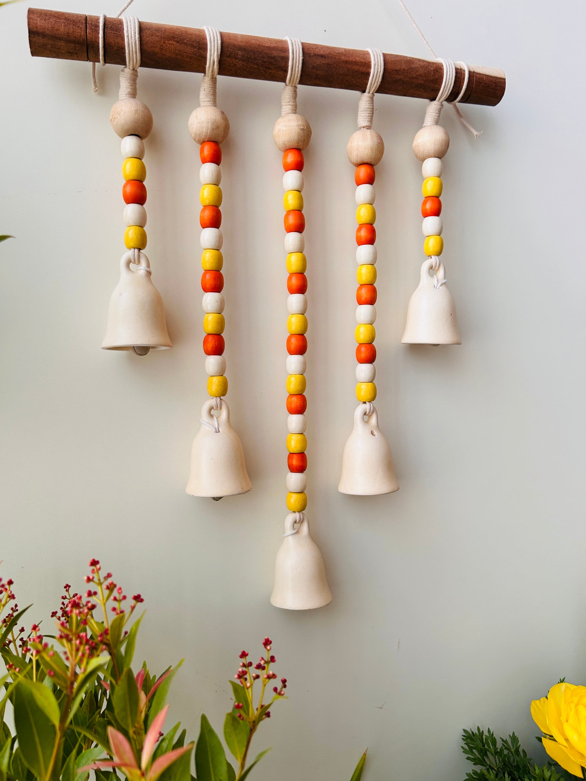 IVORY SUNFLOWER | Beads and Bells Wall hanging | 5 beaded bells on a wooden dowel with ceramic hook | Handmade Decor