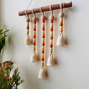 IVORY SUNFLOWER | Beads and Bells Wall hanging | 5 beaded bells on a wooden dowel with ceramic hook | Handmade Decor
