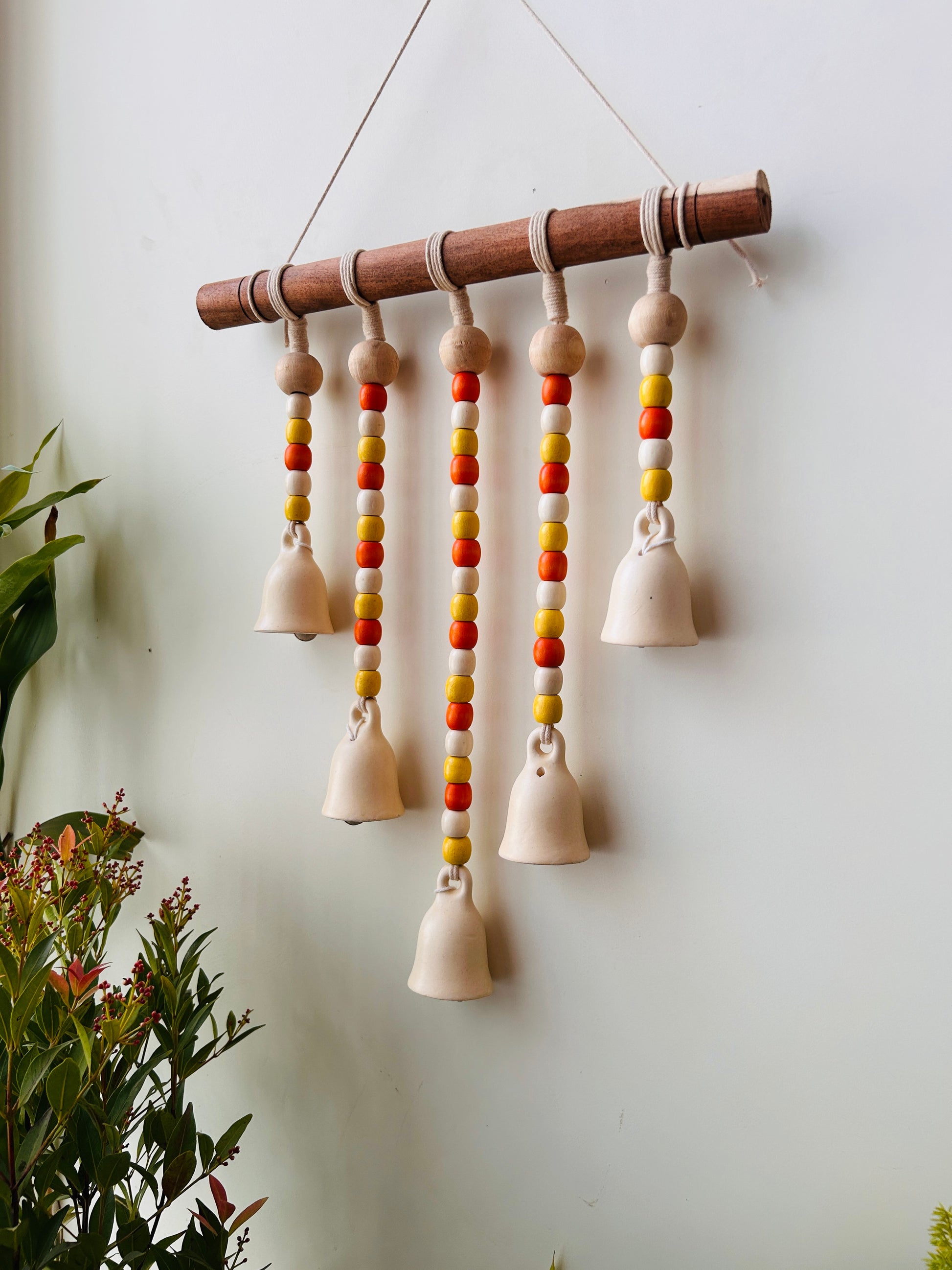 IVORY SUNFLOWER | Beads and Bells Wall hanging | 5 beaded bells on a wooden dowel with ceramic hook | Handmade Decor