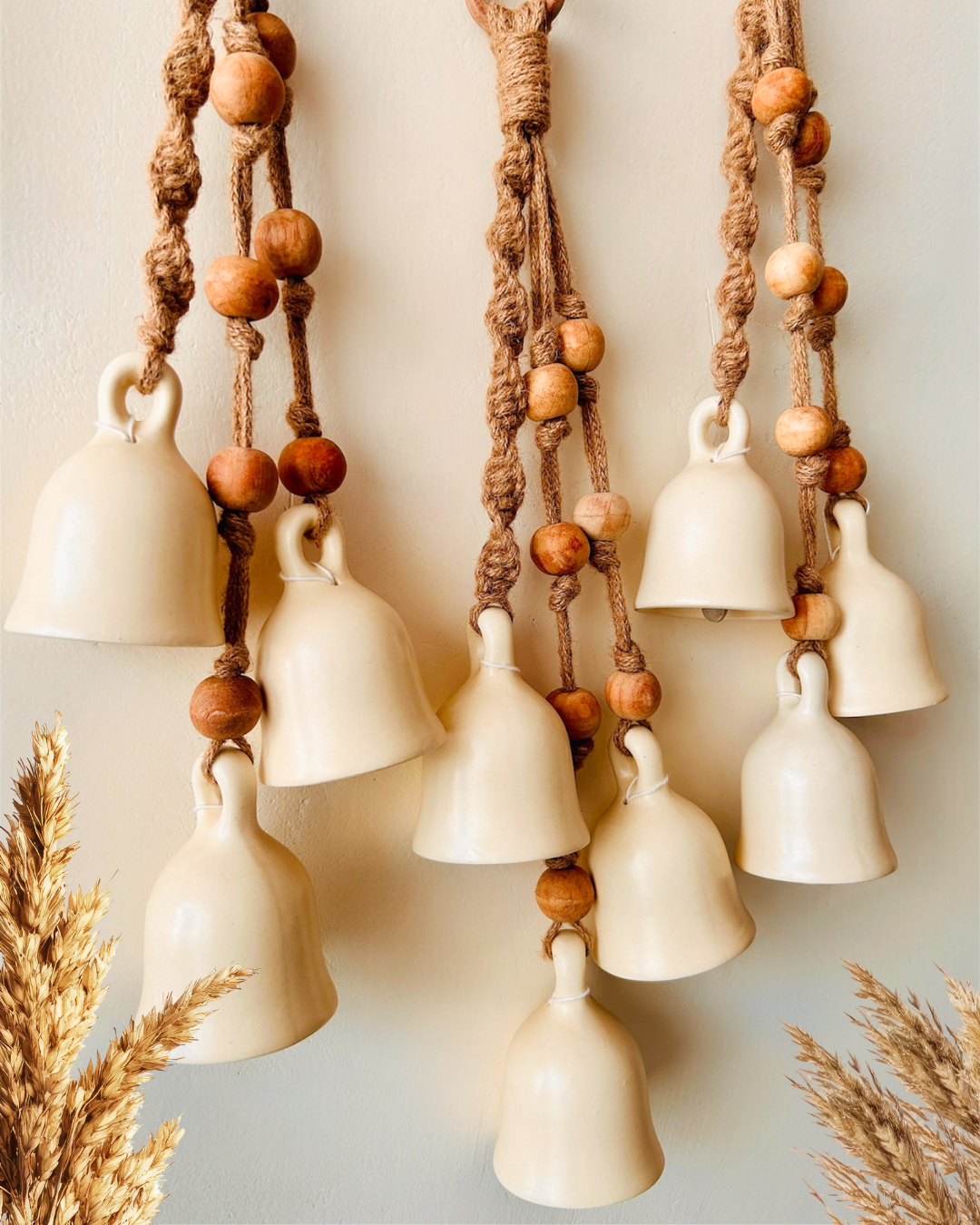 BOHO Ivory Symphony Chimes "Set of 3" | Bunch of 3 (big) bells with one Ceramic Wall Hook