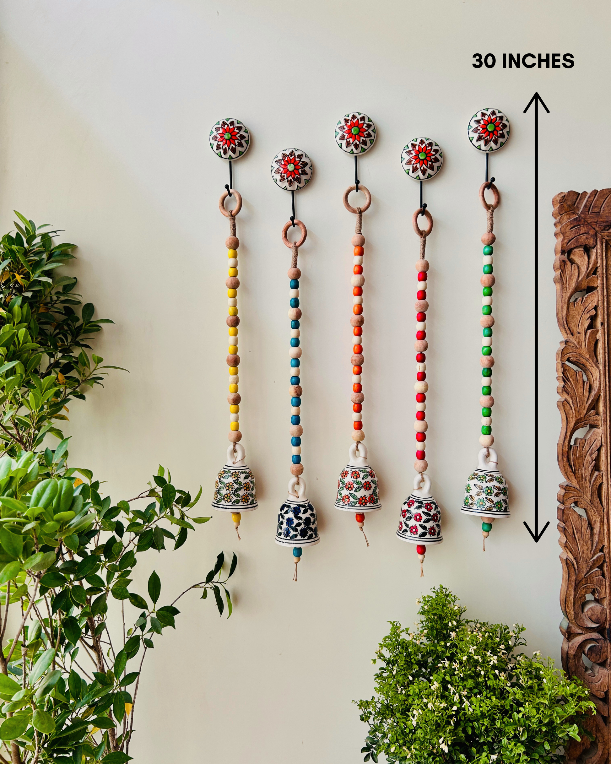 Garden Beaded Ceramic Bells | With Ceramic wall hooks-Floral MULTICOLOR