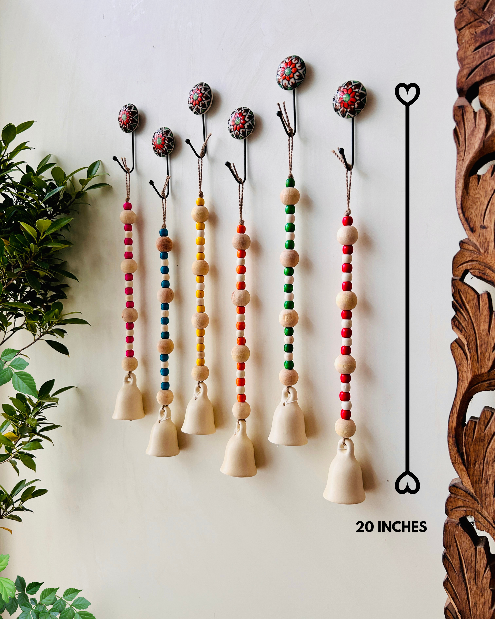 MINI Ceramic Beaded Bells | With Ceramic wall hooks- Ivory MULTICOLOR (Set of 6)