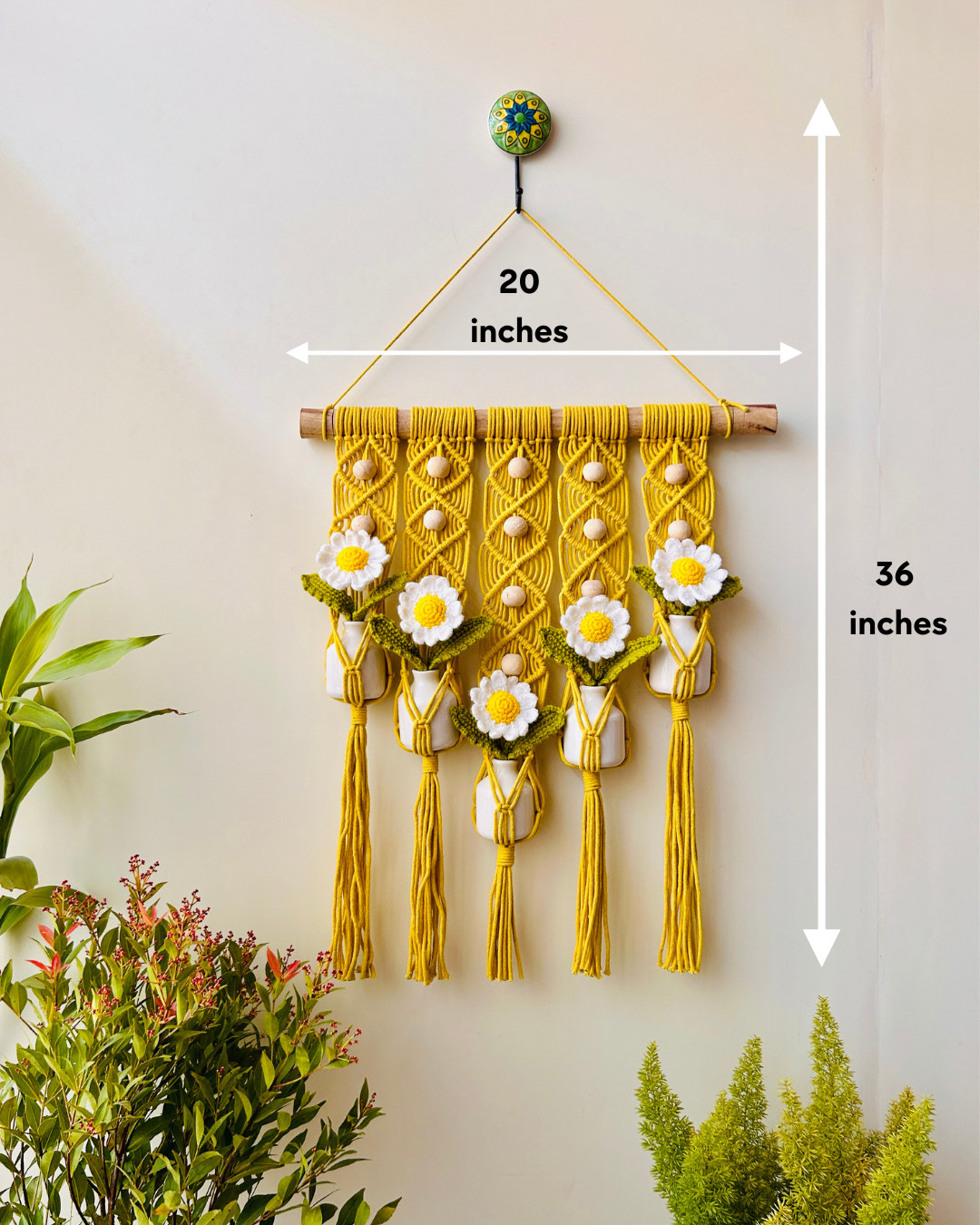 Mac-crochet Collection | Handmade White Daisy Macrame Wall Hanging with hand knitted crochet flowers and ceramic white bottle vases