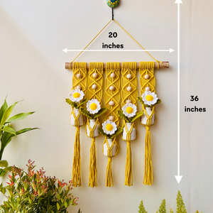 Mac-crochet Collection | Handmade White Daisy Macrame Wall Hanging with hand knitted crochet flowers and ceramic white bottle vases