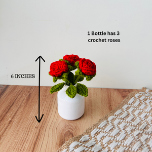 Tiny Rose Nest | Small White Ceramic Bottle Vase with red crochet roses – Miniature Table Decor