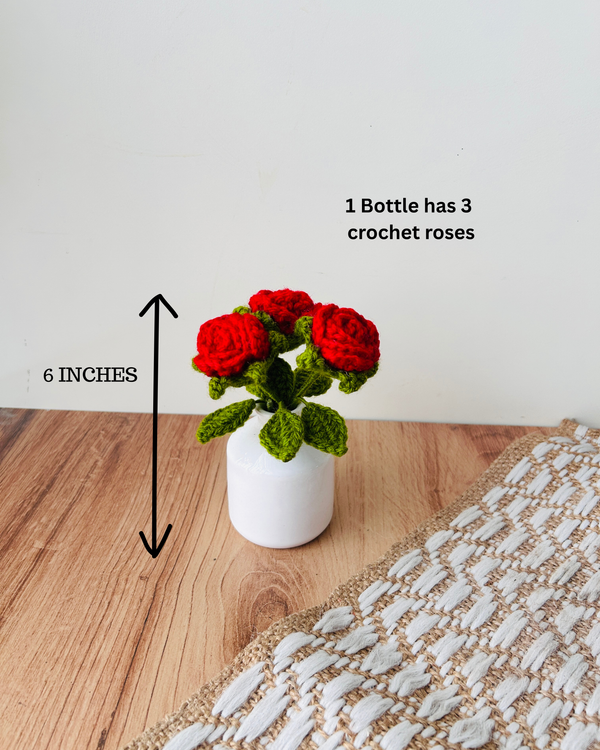 Tiny Rose Nest | Small White Ceramic Bottle Vase with red crochet roses – Miniature Table Decor