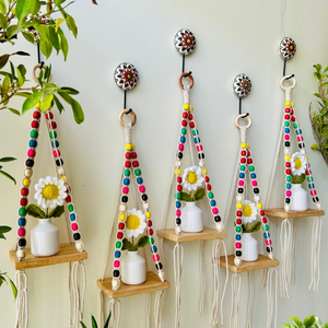 Mac-crochet Collection | Macrame-Colorful Beaded Handmade Wall shelves with crochet flowers in ceramic bottle vases