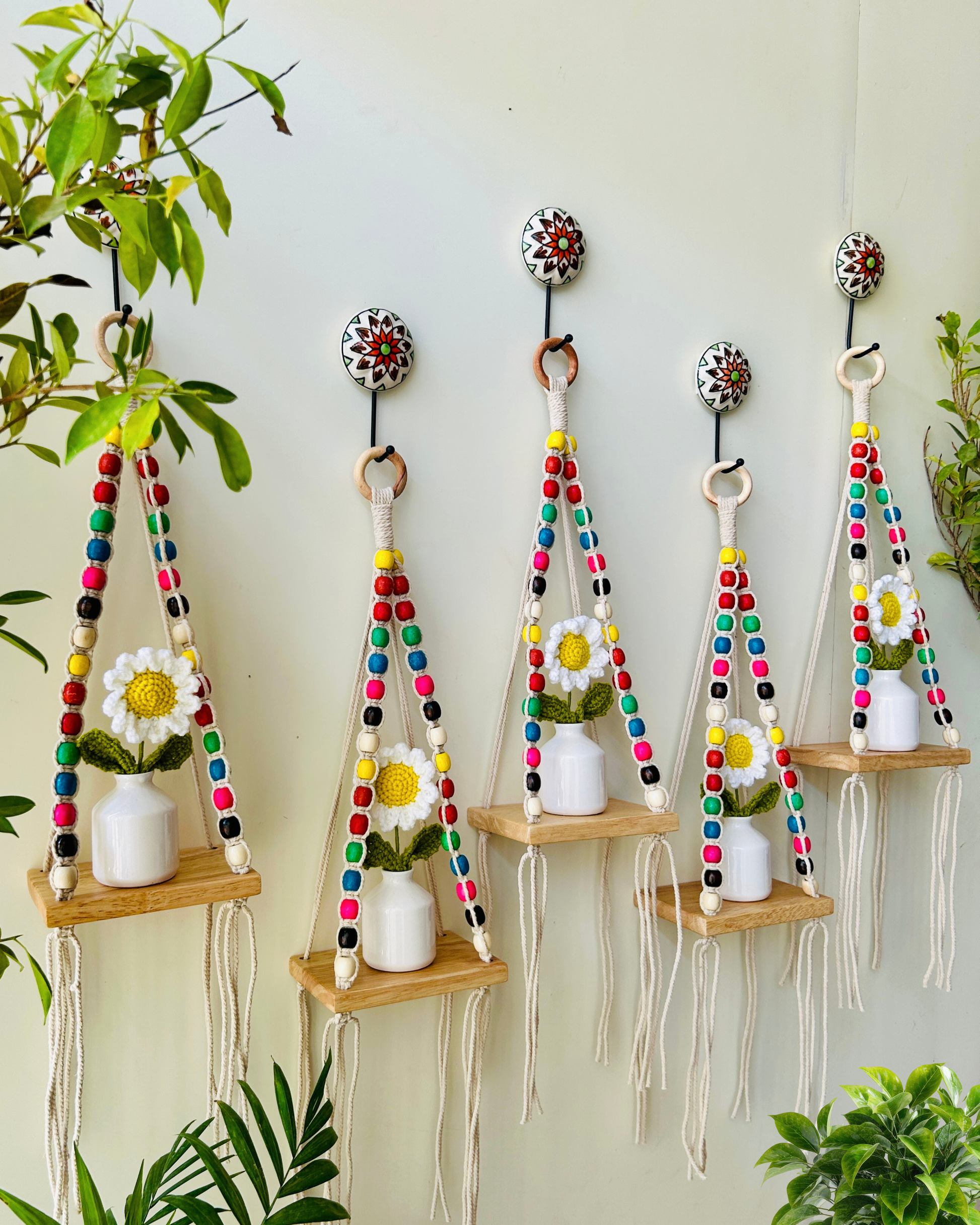 Mac-crochet Collection | Macrame-Colorful Beaded Handmade Wall shelves with crochet flowers in ceramic bottle vases