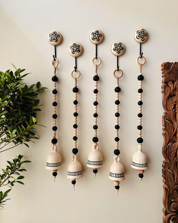 Midnight Ivory Ceramic Beaded Bells | With Ceramic wall hooks- MONOCHROME