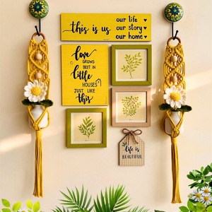 Mac-crochet Collection | Life is Beautiful wall set up | with macrame hangers and crochet flowers