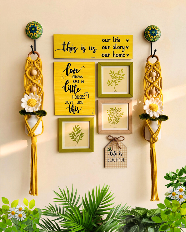 Mac-crochet Collection | Life is Beautiful wall set up | with macrame hangers and crochet flowers