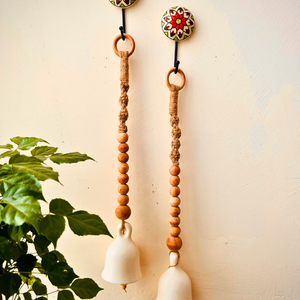Boho Ivory Ceramic Bells with Ceramic Hooks| Set of 2 | Rustic & Serene Decor
