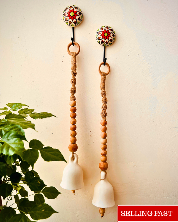 Boho Ivory Ceramic Bells with Ceramic Hooks| Set of 2 | Rustic & Serene Decor
