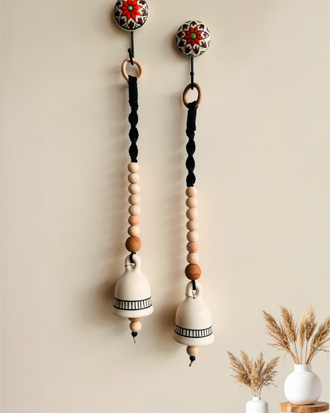 Monochrome Melody | BOHO IVORY Ceramic-Beaded-Macrame Bells | PAIR of bells with a PAIR of ceramic hooks