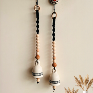 Monochrome Melody | BOHO IVORY Ceramic-Beaded-Macrame Bells | PAIR of bells with a PAIR of ceramic hooks