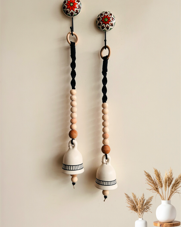 Monochrome Melody | BOHO IVORY Ceramic-Beaded-Macrame Bells | PAIR of bells with a PAIR of ceramic hooks
