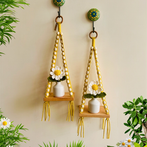 Mac-crochet Collection | A PAIR of Macrame-Beaded Handmade Wall shelves with crochet flowers in ceramic bottle vases