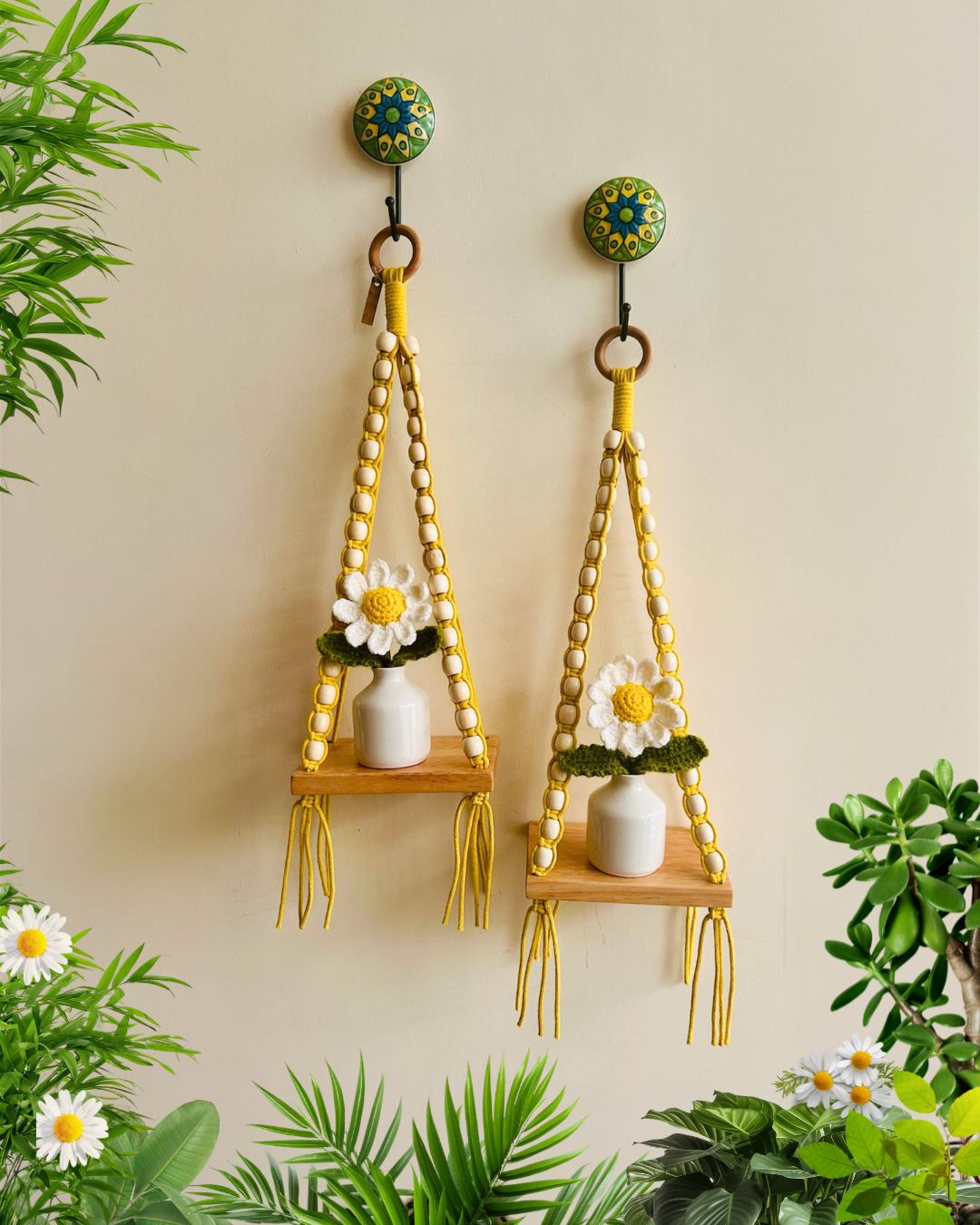 Mac-crochet Collection | A PAIR of Macrame-Beaded Handmade Wall shelves with crochet flowers in ceramic bottle vases