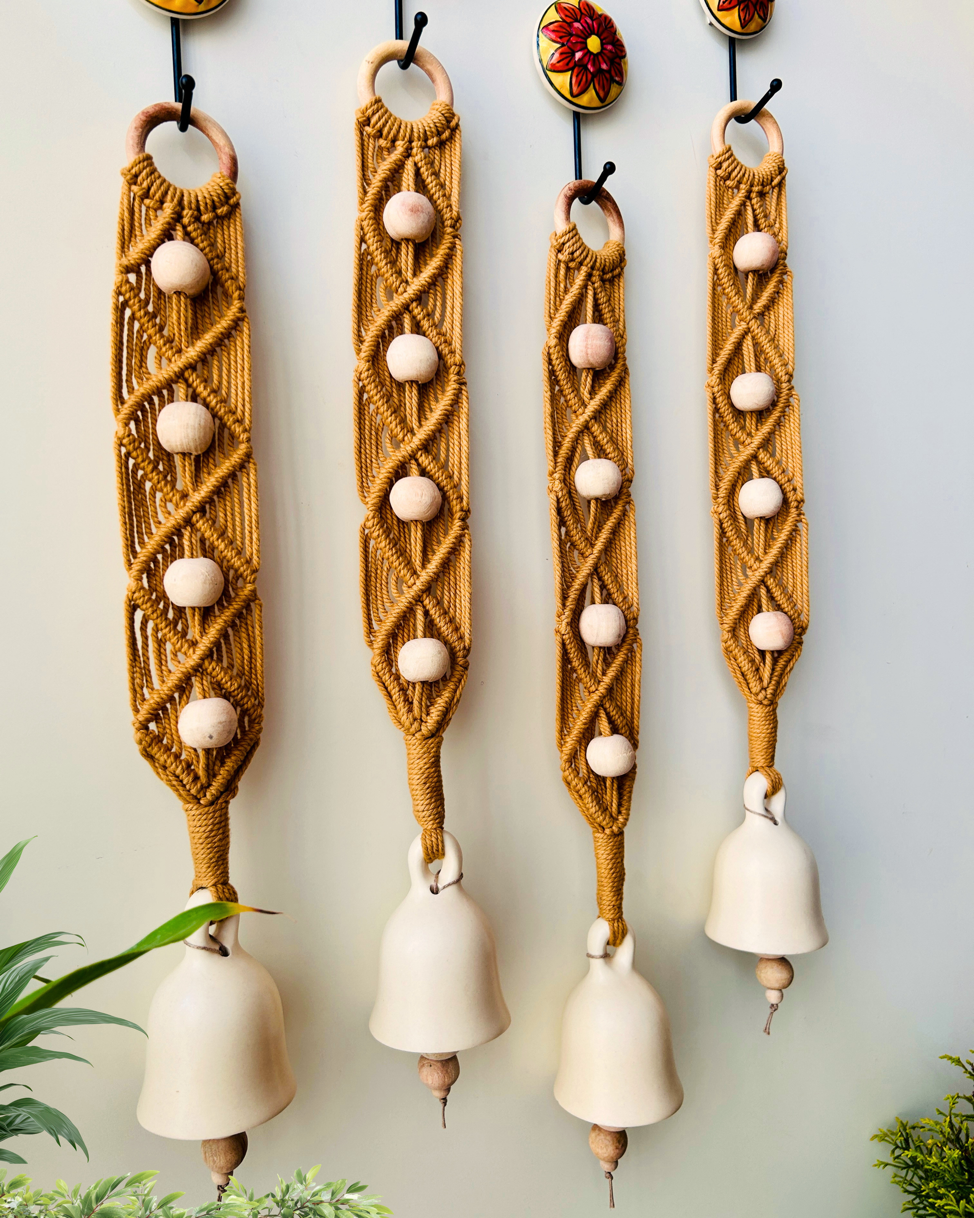 Whispering Knotfall Set of 4 Macrame Ceramic bells with ceramic hooks