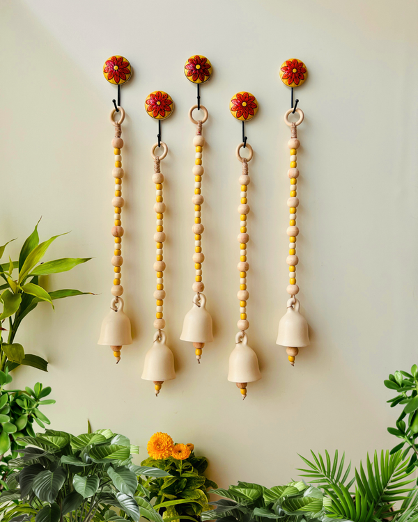 Sunbeam Beaded Bells | Ceramic Bells With Ceramic wall hooks- Ivory Yellow (Set of 5)