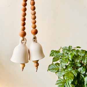 Boho Ivory Ceramic Bells with Ceramic Hooks| Set of 2 | Rustic & Serene Decor