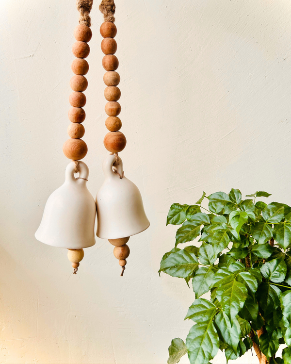 Boho Ivory Ceramic Bells with Ceramic Hooks| Set of 2 | Rustic & Serene Decor