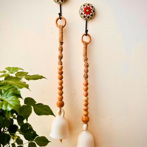 Boho Ivory Ceramic Bells with Ceramic Hooks| Set of 2 | Rustic & Serene Decor