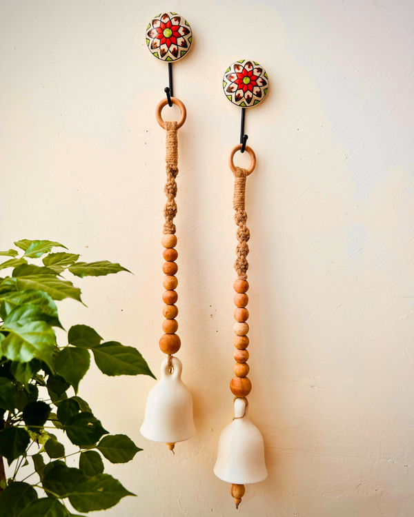 Boho Ivory Ceramic Bells with Ceramic Hooks| Set of 2 | Rustic & Serene Decor