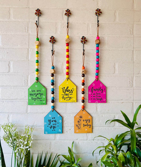 Beaded Wooden Huts with Ceramic Hooks - Set of 5