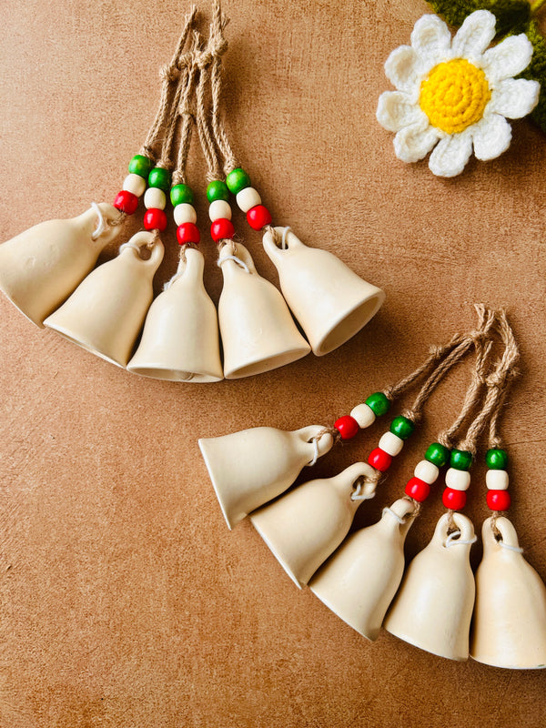 CHRISTMAS EDITION |Handmade Beaded Ivory Bell Ornaments | Small ceramic bells