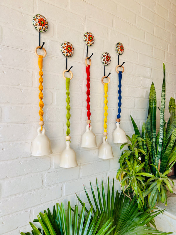 SET OF FIVE | Ivory Ceramic Macrame Bells with Ceramic Hooks (Buy 4 get 1 free)