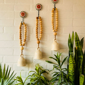 Classic White Boho Beaded Ceramic Bells with ceramic hooks