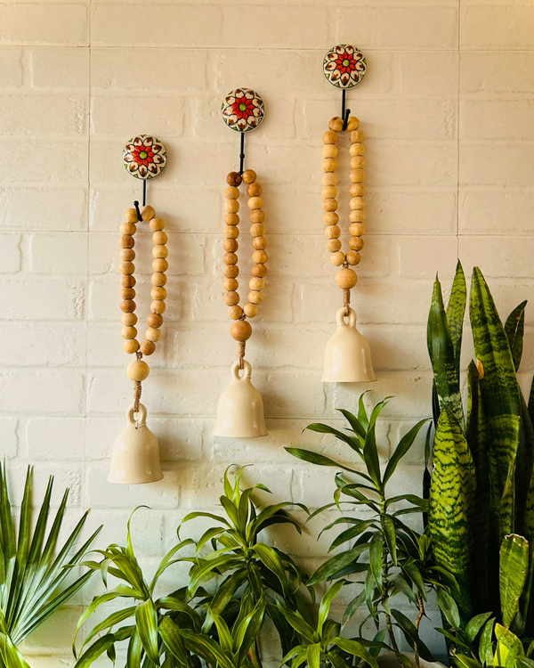 Classic White Boho Beaded Ceramic Bells with ceramic hooks