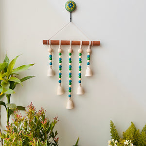 IVORY BLUE ORCHID | Beads and Bells Wall hanging | 5 ceramic beaded bells on a wooden dowel with ceramic hook | Handmade Decor