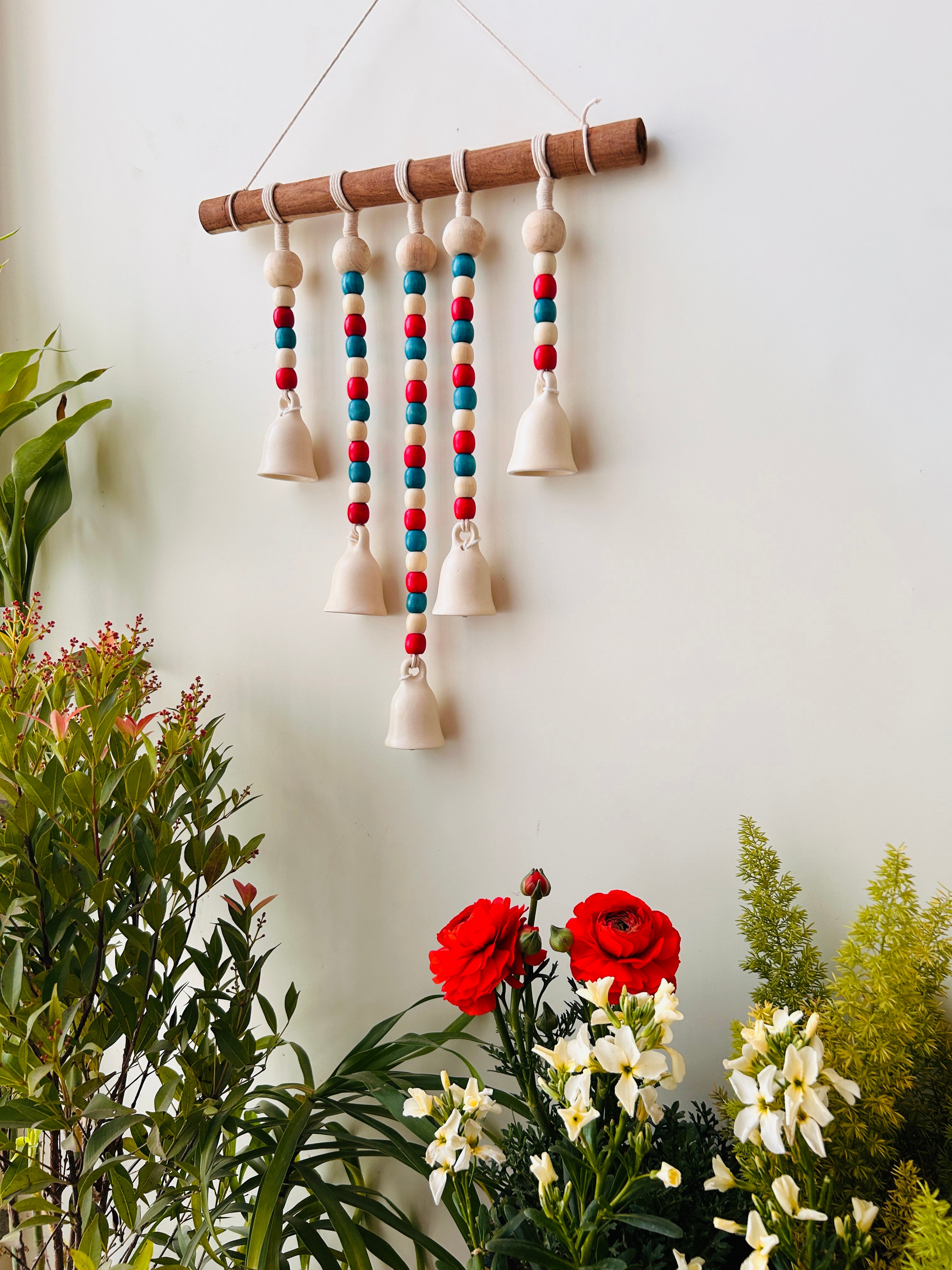 IVORY GULMOHAR | Beads and Bells Wall hanging | 5 beaded bells on a wooden dowel with ceramic hook | Handmade Decor