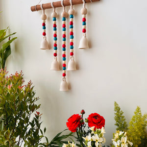 IVORY GULMOHAR | Beads and Bells Wall hanging | 5 beaded bells on a wooden dowel with ceramic hook | Handmade Decor