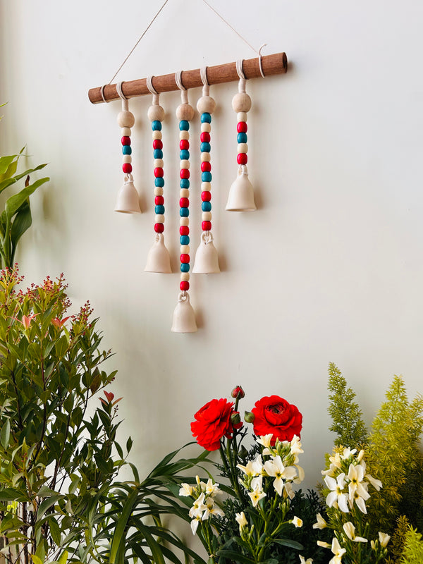 IVORY GULMOHAR | Beads and Bells Wall hanging | 5 beaded bells on a wooden dowel with ceramic hook | Handmade Decor