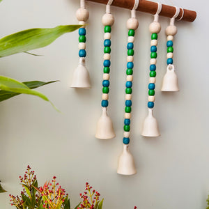 IVORY BLUE ORCHID | Beads and Bells Wall hanging | 5 ceramic beaded bells on a wooden dowel with ceramic hook | Handmade Decor