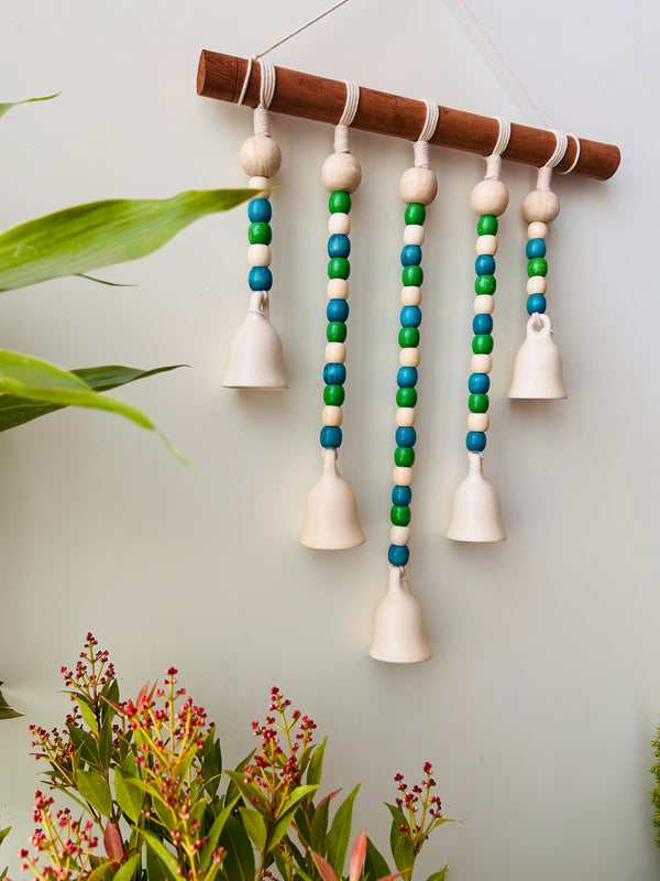 IVORY BLUE ORCHID | Beads and Bells Wall hanging | 5 ceramic beaded bells on a wooden dowel with ceramic hook | Handmade Decor